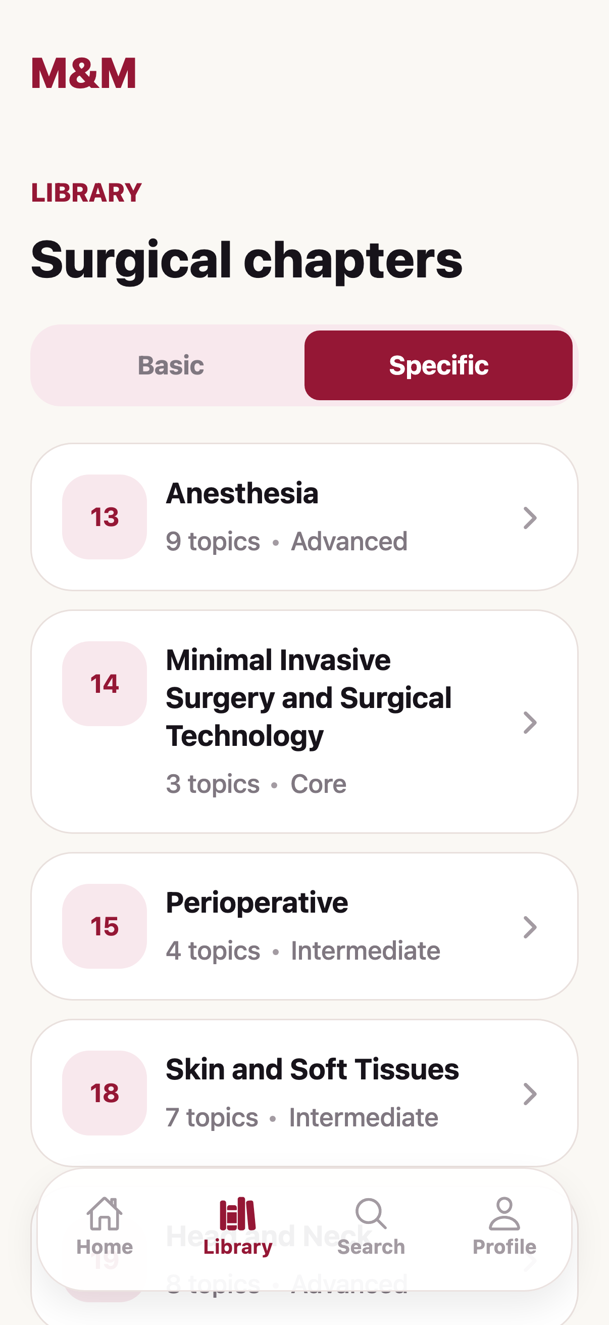 M and M library screen showing surgical chapters