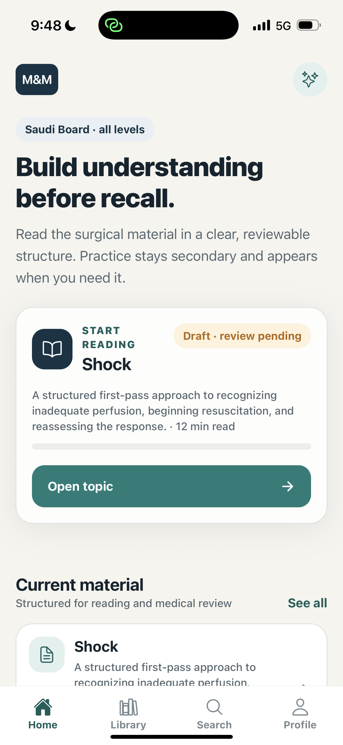 M and M home screen showing a continue-reading card and progress track
